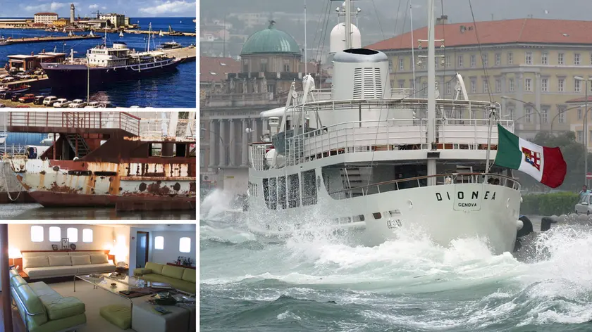 Al centro la Dionea davanti a piazza Unità con il mare in tempesta, in alto a sinistra la Edra in un’immagine d’epoca, lo scafo dell’Ambriabella e gli interni della Dionea