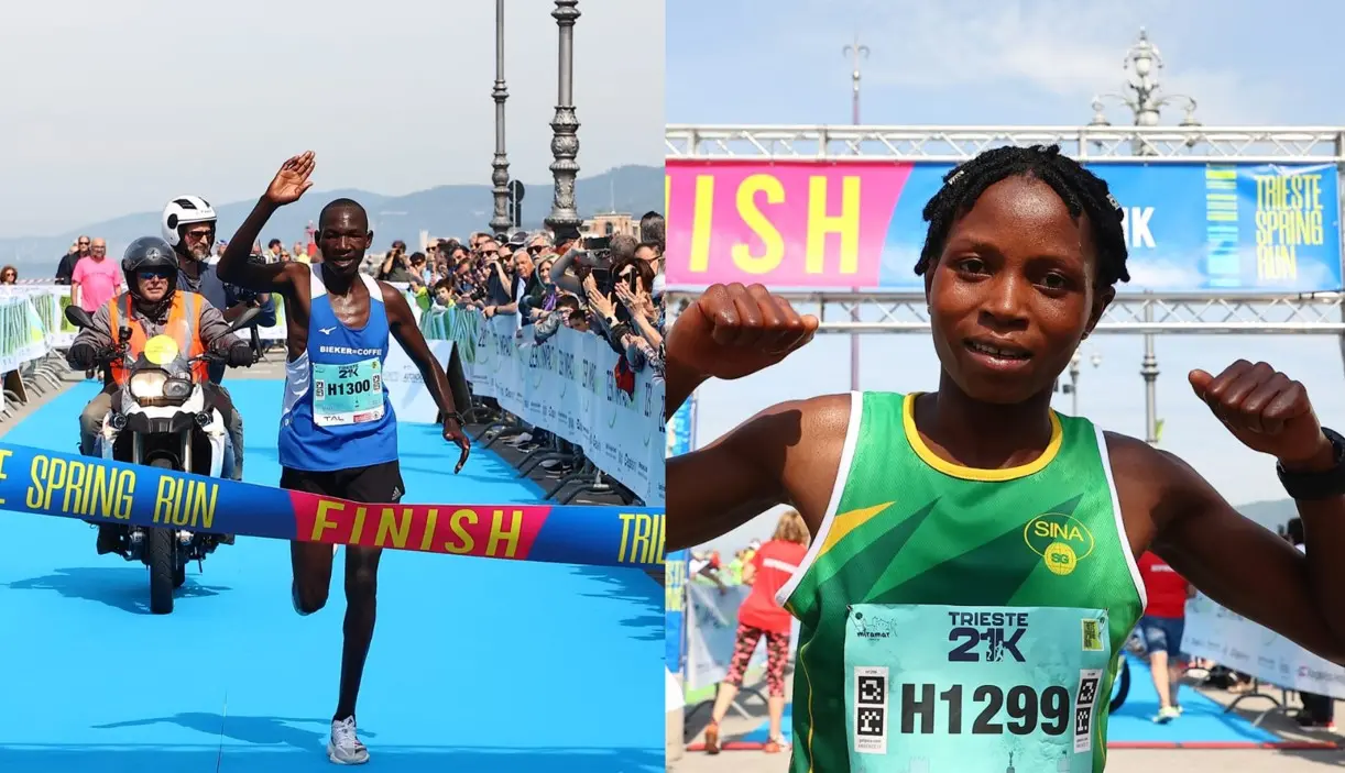 I due vincitori al traguardo: a sinistra il kenyano Abraham Ebenyo Ekwam, a destra la ruandese Emeline Imanizabayo. Foto Lasorte