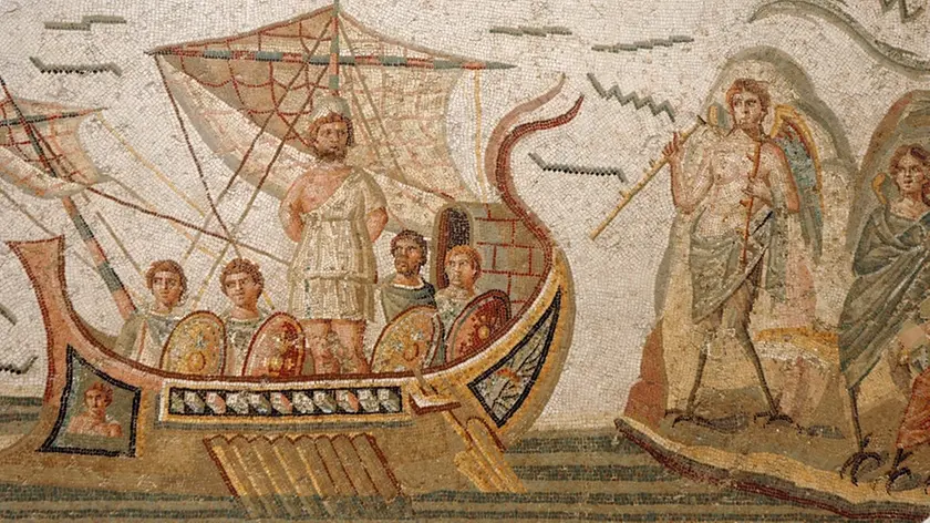 Mosaic scene from Homer´s Odyssey, Ulysses meeting with sirens in The Bardo museum in Tunis, capital of Tunisia.