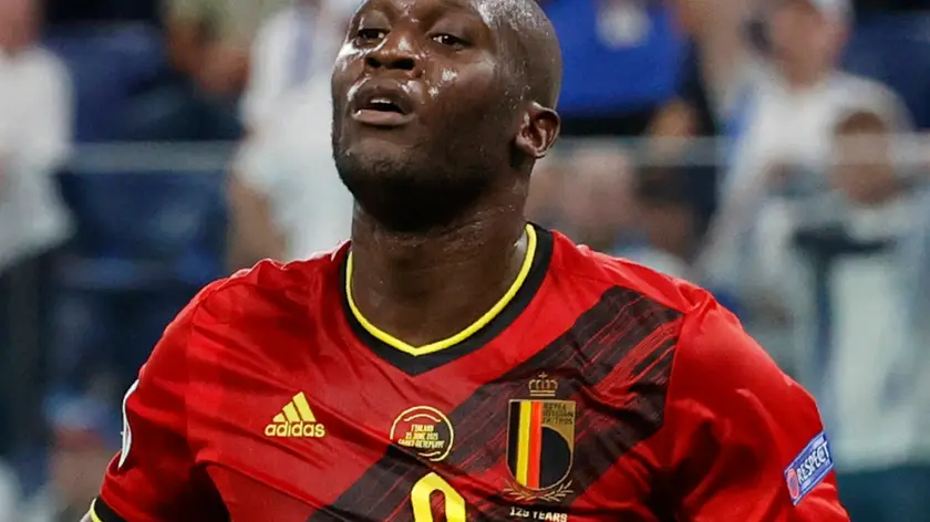 Belgium's Romelu Lukaku celebrates scoring a goal that was later disallowed, during the Euro 2020 soccer championship group B match between Finland and Belgium at Saint Petersburg Stadium in St. Petersburg, Russia, Monday, June 21, 2021. (Anatoly Maltsev/Pool Photo via AP)