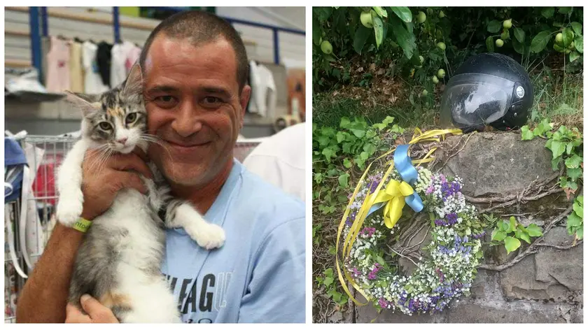 Walter Benci e, a destra, il casco e la corona di fiori depositati sul luogo dell'incidente dagli amici e dalla moglie (Foto Bruni)
