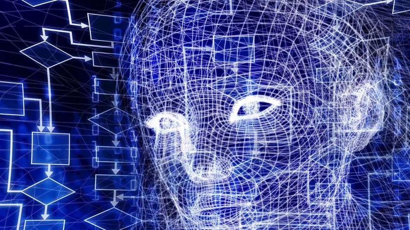 Woman digital wireframe face conceptual 3D illustration with a flow chart and binary code on dark blue background.