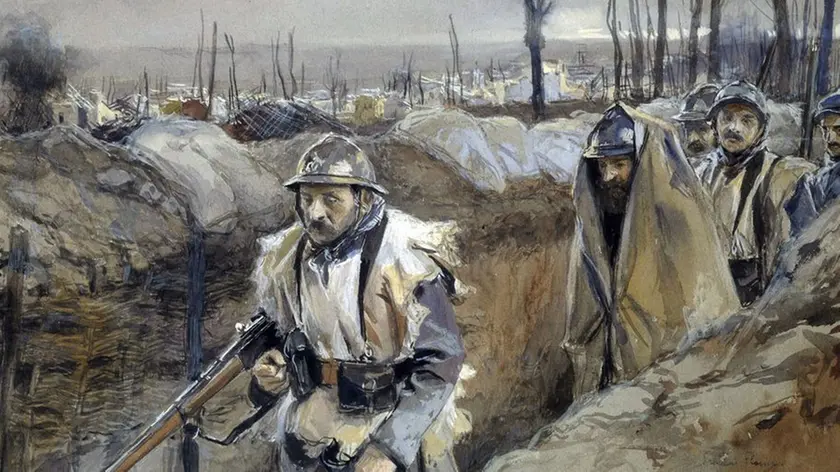 France --- First World War : "View of Souchez (Artois) ; French soldiers in a trench, December 1915". Watercolour painting by Francois Flameng (1856-1923), December 1915. 0,,3 x 0,48 m. Army Museum, Paris --- Image by © Leemage/Corbis