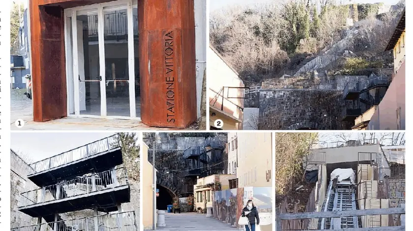 1. L’accesso all’ascensore che coincide con la “Stazione Vittoria” accanto l’imbocco di Galleria Bombi. 2. Il percorso dell’ascensore sul colle 3. La scalinata che porta al bastione 4. Via Bombi che porta alla piazza 5. Un’altra immagine dell’impianto di risalita Foto Roberto Marega