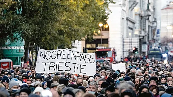 A moment of the 'No Green Pass' rally in Trieste, northern Italy, 06 November 2021. The obligation to have the Green Pass vaccine passport to enter all Italian public and private workplaces came into force last 15 October. ANSA/ PAOLO GIOVANNINI