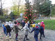 Una foto dell’albero di Natale addobbato dai bambini nel 2019 nei Giardini Europa di Muggia