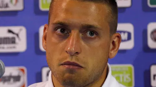 Italy midfielder Emanuele Giaccherini meets the journalists at the end of a training session at the Euro 2012 soccer championship in Krakow, Poland, Thursday, June 7, 2012. (AP Photo/Gregorio Borgia)