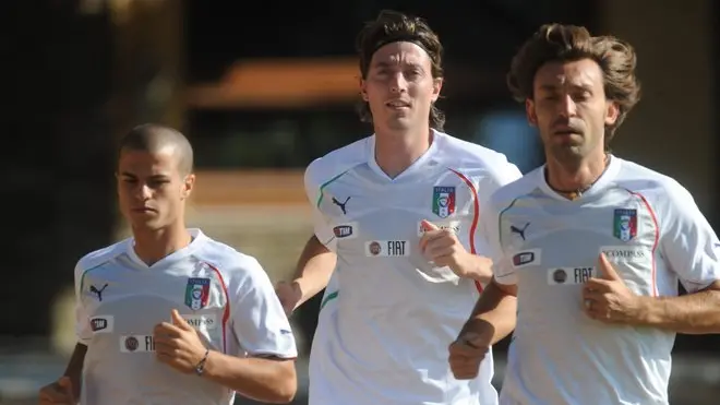 From Left: Sebastian Giovinco, Riccardo Montolivo and Andrea Pirlo during the Italy soccer team training sectio at Coverciano's sportive center on 05 october 2011, near Florence, Italy. ANSA/MAURIZIO DEGL'INNOCENTI