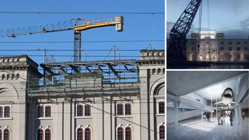 Il cantiere in corso fotografato da Andrea Lasorte, a destra due rendering del futuro museo