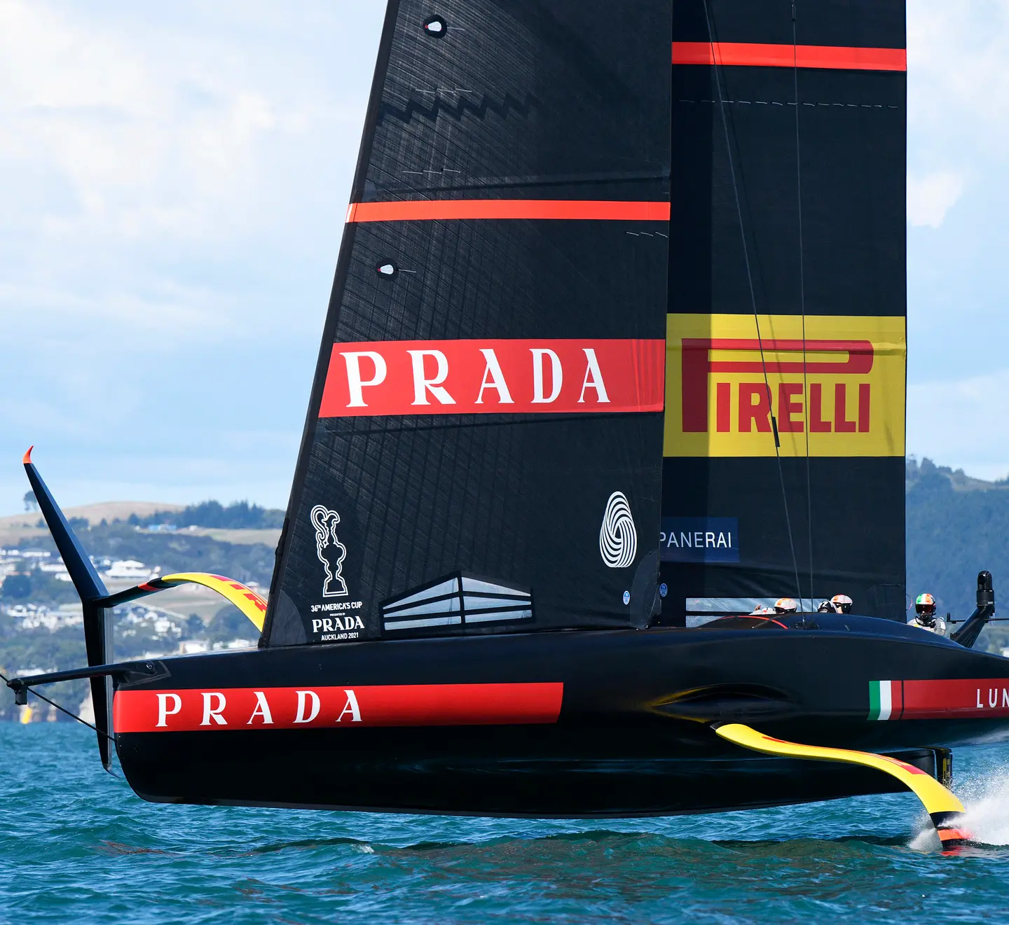 Italy's Luna Rossa sails against Team New Zealand at the start of race 3 of the America's Cup on Auckland's Waitemata Harbour, Friday, March 12, 2021. (Chris Cameron/Photosport via AP)