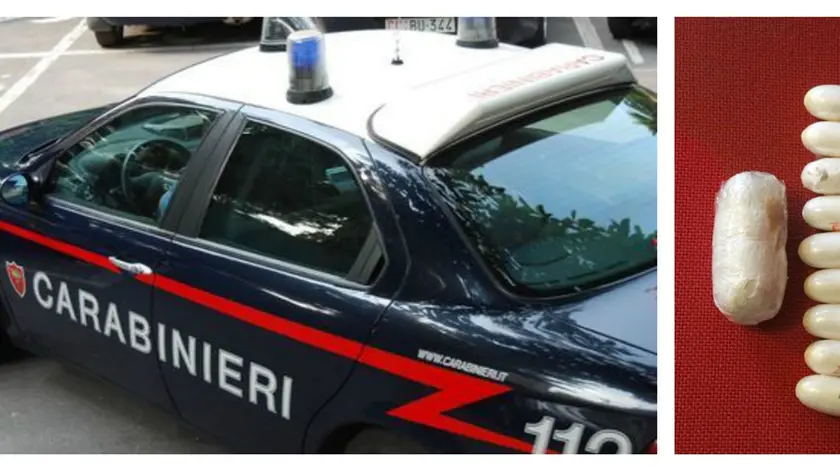 Un'auto dei carabinieri e ovuli di cocaina in due foto di archivio