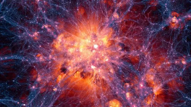 Il modello più completo dell'evoluzione dell'universo racconta con un'accuratezza senza precedenti la nascita delle galassie, avvenuta 12 milioni di anni dopo il Big Bang, e ne ricostruire l'evoluzione attraverso 13 miliardi di anni. Descritto sulla rivista Nature, l'universo virtuale è il risultato della collaborazione coordinata dal Massachusetts Institute of Technology (Mit), Roma, 7 Maggio 2014. ANSA/ ILLUSTRIS COLLABORATION