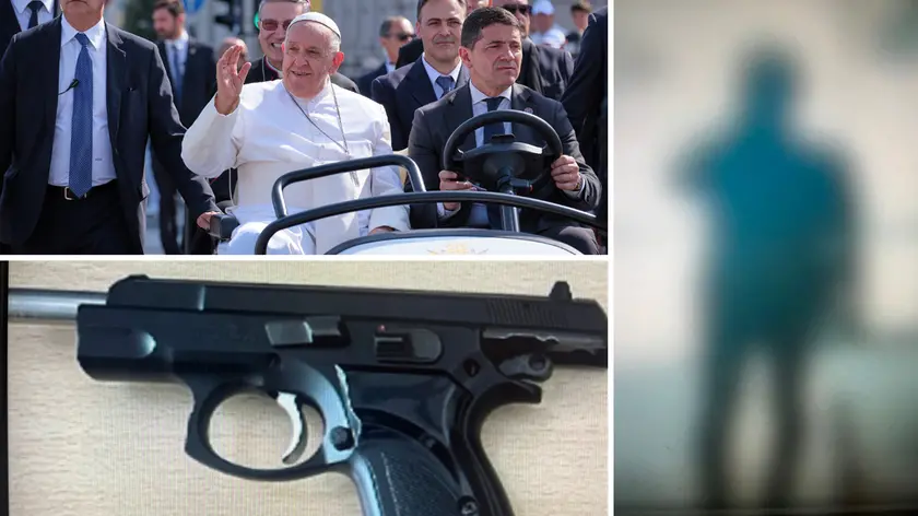 Il papa a Trieste (foto Silvano) e due frame tratti dal Tg1, con la pistola e l'uomo che ha abbandonato il trolley