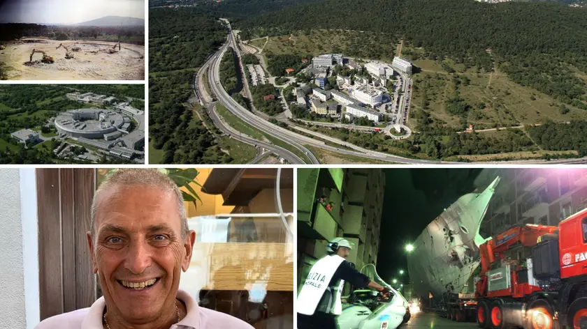 Dall'alto a sinistra in senso orario: Le gru al lavoro per l’edificazione del Sincrotrone, l’attuale campus di Area Science Park; Le delicate operazioni per trasportare la prua della nave Elettra fino a Padriciano, Gianni Cozzi e il modenro Sincrotrone