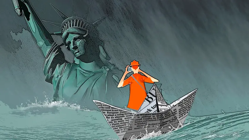 Climate change and New York. Conceptual illustration of global warming causing flooding to engulf the Statue of Liberty in Manhattan, New York City, N...