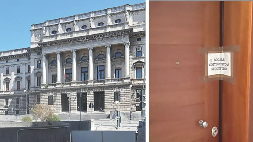 A sinistra la foto del Tribunale di Trieste, a destra il sigillo della Questura sulla porta dell’appartamento posto sotto sequestro dalla Procura