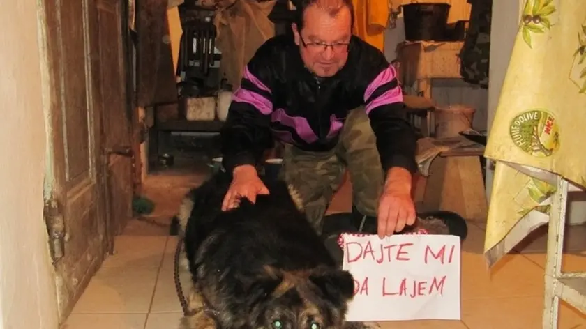 Il cane Medo con il suo padrone vicino a un cartello che significa "Lasciatemi abbaiare" (dal sito 24sata)