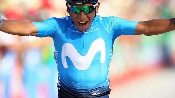 epa07793270 Colombian rider Nairo Quintana of the Movistar team celebrates after winning the second stage of the La Vuelta cycling race over 199.6km from Benidorm to Calpe, eastern Spain, 25 August 2019. EPA/JAVIER LIZON