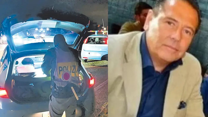 A destra l'imprenditore rapinato, a sinistra i controlli rafforzati in Carso (foto Bruni)