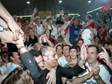 Cesare Pancotto ha allenato a Trieste per cinque stagioni, nella foto la promozione in A1.