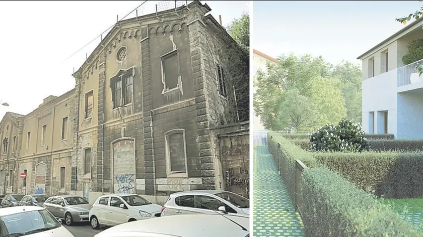 A sinistra le facciate dell’edificio, vincolate dalla Soprintendenza. A destra uno dei rendering elaborati dallo studio vicentino Albanese che documentano come verrà trasformato l’attuale rudere delle ex officine Holt in via Gambini, vicino all’Itis: la corte verde all’interno del compendio, su cui si affacciano alcuni alloggi