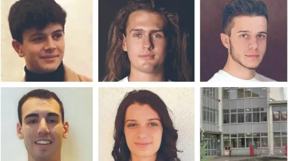 In alto da sinistra: Alessandro Kofol, Alessandro Vittoria, Filippo Nardon. In basso Mattia Marquez, Martina Corrain e la sede dell'Iti Galilei