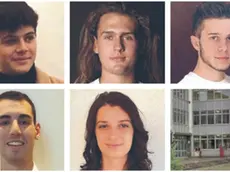 In alto da sinistra: Alessandro Kofol, Alessandro Vittoria, Filippo Nardon. In basso Mattia Marquez, Martina Corrain e la sede dell'Iti Galilei