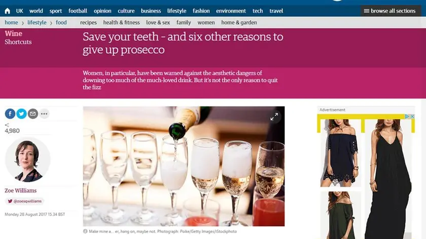 La pagina del quotidiano britannico Th Guardian che pubblica un articolo sui danni del prosecco ed elenca le ragioni per "evitare il Prosecco" partendo proprio dalla necessità di preservare il proprio sorriso. Parole che hanno indignato il portale italiano Londra Italia, secondo cui si tratta di una "fake news" promossa dalla lobby britannica della birra THE GUARDIAN.COM /ANSA+++ EDITORIAL USE ONLY- NO SALES NO ARCHIVE+++