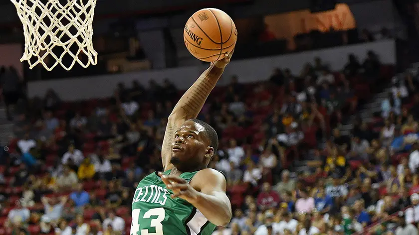 LAS VEGAS, NEVADA - JULY 06: Javonte Green #43 of the Boston Celtics dunks against the Philadelphia 76ers during the 2019 NBA Summer League at the Thomas & Mack Center on July 6, 2019 in Las Vegas, Nevada. NOTE TO USER: User expressly acknowledges and agrees that, by downloading and or using this photograph, User is consenting to the terms and conditions of the Getty Images License Agreement. (Photo by Ethan Miller/Getty Images)
