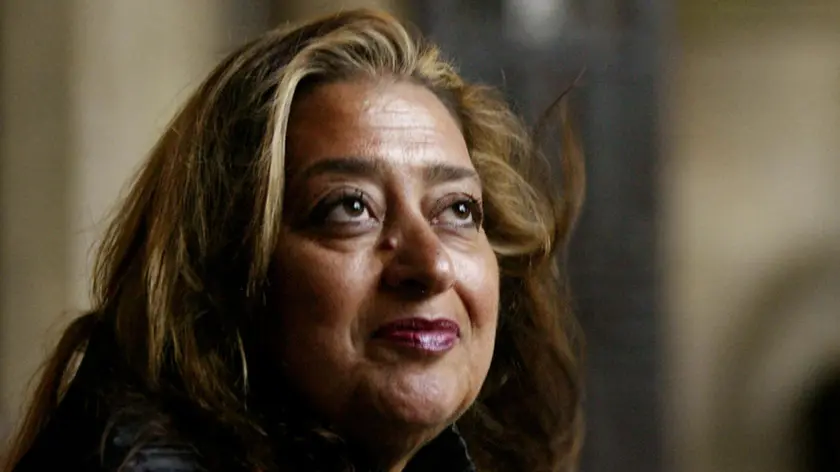 Pritzker Architecture Prize winner for 2004 Zaha Hadid poses Sunday, March 14, 2004, in West Hollywood, Calif. Hadid, an Iraqi-born architect who struggled for years to get her audacious and unconventional designs built, was named winner Sunday, March 21, 2004. She is the first woman to the win architecture's most prestigious prize in its 26-year history. (AP Photo/Kevork Djansezian)