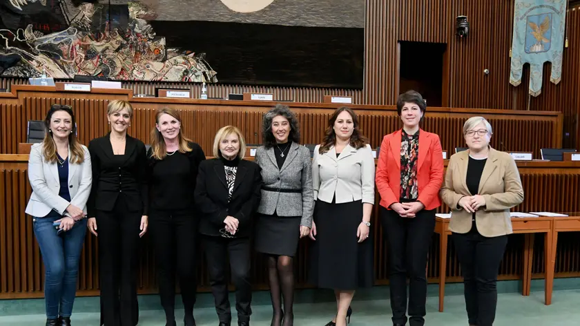 Le otto consigliere regionali che hanno firmato la pdl: da sinistra Maddalena Spagnolo (Lega), Lucia Buna (Lega), Rosaria Capozzi (M5S), Laura Fasiolo (Pd), Serena Pellegrino (Avs), Manuela Celotti (Pd), Giulia Massolino (Patto per l'autonomia-Civica Fvg) e Simona Liguori (Patto-Civica)