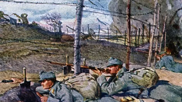 Un'illustrazione che ritrae soldati in trincea durante la prima guerra mondiale