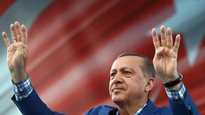 Turkey's President Recep Tayyip Erdogan addresses a rally in Gaziantep, Turkey, Sunday, Aug. 28, 2016. Erdogan said a 14 year-old suicide bomber was responsible for last weekend's explosion in Gaziantep that claimed dozens lives. Erdogan, speaking at a rally, says the city saw terror's worst when "DAESH attacked with a suicide bomber," using the Arabic acronym for the Islamic State group and adds that 34 children died in the attack.(Yasin Bulbul, Presidential Press Service, Pool via AP)