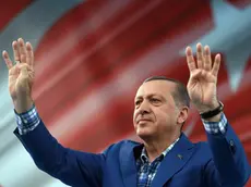 Turkey's President Recep Tayyip Erdogan addresses a rally in Gaziantep, Turkey, Sunday, Aug. 28, 2016. Erdogan said a 14 year-old suicide bomber was responsible for last weekend's explosion in Gaziantep that claimed dozens lives. Erdogan, speaking at a rally, says the city saw terror's worst when "DAESH attacked with a suicide bomber," using the Arabic acronym for the Islamic State group and adds that 34 children died in the attack.(Yasin Bulbul, Presidential Press Service, Pool via AP)