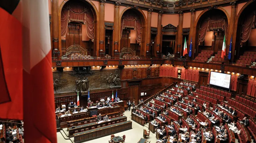 29/09/2014 Roma, Camera dei Deputati, conferenza interparlamentare sul Fiscal Compact, nella foto l'Aula con le bandiere italiana ed europea