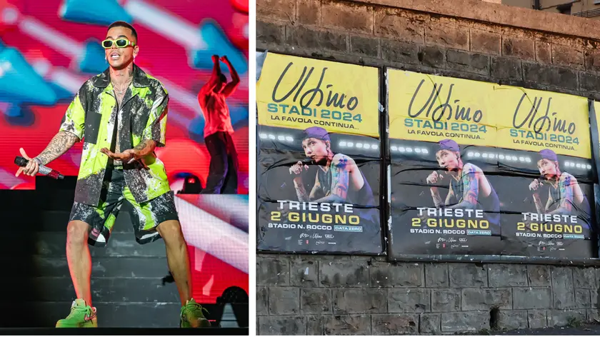Sfera Ebbasta e, a destra, i cartelloni per Ultimo a Trieste (Andrea Lasorte)