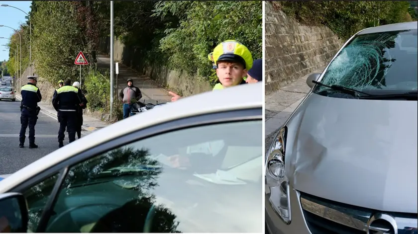 A destra l'auto ammaccata e a sinistra i rilievi subito dopo l'incidente. Foto Silvano