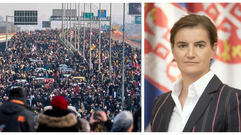 Una delle proteste e, a destra, la premer serba Ana Brnabić che ha confermato lo stop al progetto