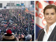 Una delle proteste e, a destra, la premer serba Ana Brnabić che ha confermato lo stop al progetto