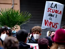 La manifestazione degli studenti napoletani, che chiedono garanzie di sicurezza in previsione di un rientro a scuola dopo la chiusura degli istituti imposta dalla pandemia da Covid, all'esterno della sede della Regione Campania, 25 gennaio 2021. ANSA/CIRO FUSCO