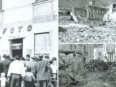 La folla davanti al negozio di Bepi Missinato per le ultime notizie sulla tragedia. Accanto, la devastazione dopo la frana del monte Toc