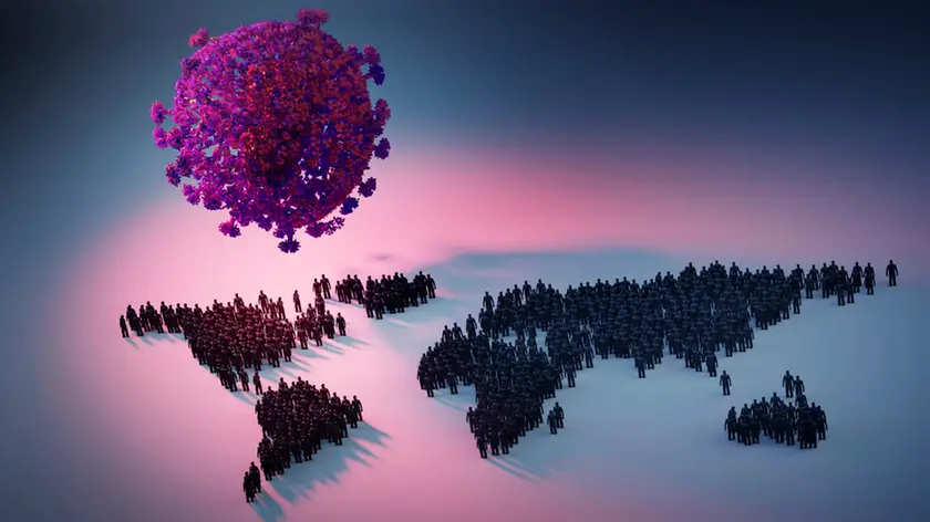 Coronavirus pandemic. Illustration of a coronavirus particle and a world map formed of people. Different strains of coronavirus are responsible for di...
