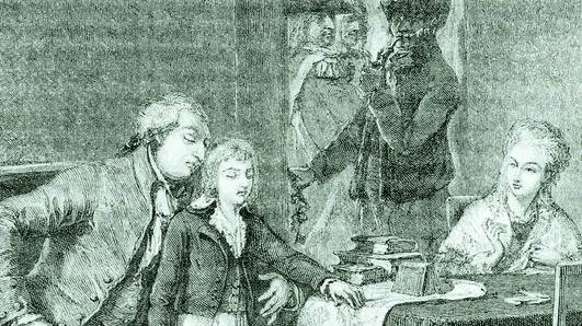 The Royal family during confinement at the Temple prison, 1792. Engraved by Jannard after De La Charlerie. From ´Histoire de la Revolution Francaise´ ...