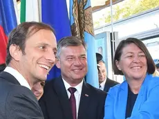 Foto Bruni Trieste 09.09.2018 Il "Citta di Trieste", primo treno p'er Lubijana:-Fedriga- sottosegretario Siri, ministra EU Violeta Bulc