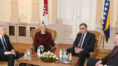 03 Mar 2015 --- (150303) -- SARAJEVO, March 3, 2015 (Xinhua) -- Visiting Croatian Presidenct Kolinda Grabar-Kitarovic (2nd L) meets members of Presidency of Bosnia and Herzegovina (BiH) Bakir Izetbegovic (R), Dragan Covic (L) and Chairman of Presidency Mladen Ivanic (2nd R), on March 3, 2015, in Sarajevo, BiH. (Xinhua/Haris Memija) --- Image by © Haris Memija/Xinhua Press/Corbis