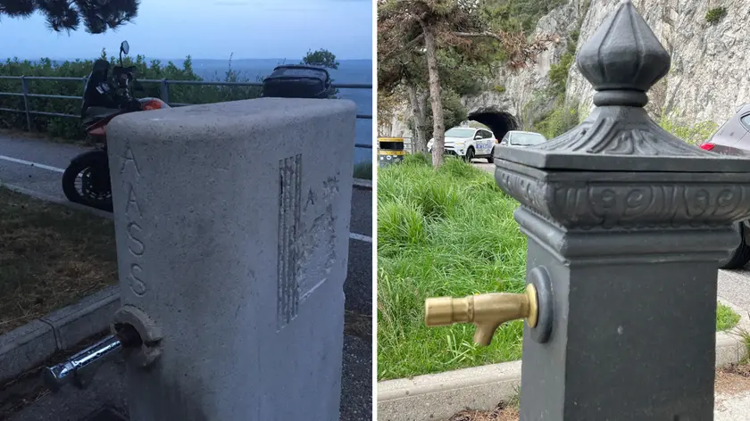 La storica fontana degli anni Venti e, a destra, quella nuova sistemata nel belvedere prima della galleria