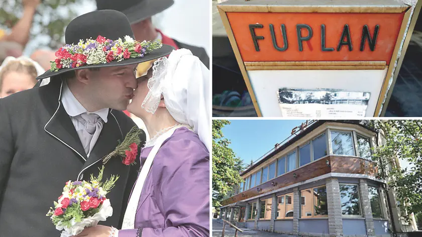 Sopra il bacio fra gli sposi delle nozze carsiche nel 2020; a destra l’insegna dell’ex ristorante Furlan e l’immobile di Monrupino (Foto Lasorte)