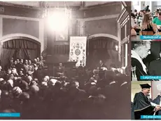 L'inaugurazione dell'8 agosto 1924: foto materiale Toresella. A destra dall'alto studenti in aula studio, Luigi Einaudi riceve la laurea ad honorem, il rettore Di Lenarda insignisce Mattarella e Pahor