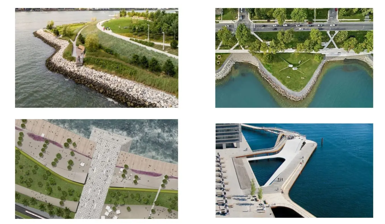 Foto e rendering di progetti realizzati in altre città del mondo, da Barcellona all'Australia, presi come spunto per partire con il progetto di riqualificazione della costiera barcolana