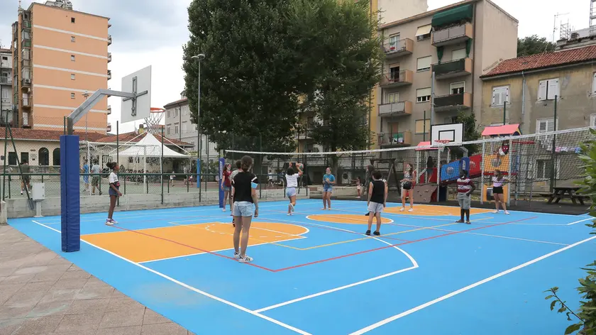 Una partita sul campo del ricreatorio Pitteri. Sullo sfondo l’albero che rischia di essere tagliato foto Lasorte